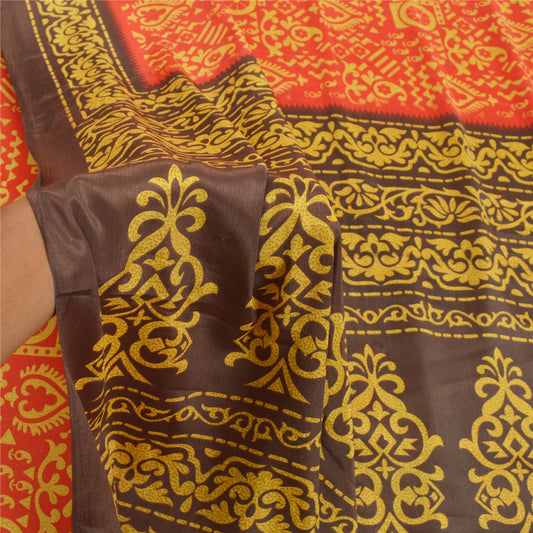 Sanskriti Vintage Red Sarees Moss Crepe Printed Sari Floral Soft Craft Sustainable Fabric