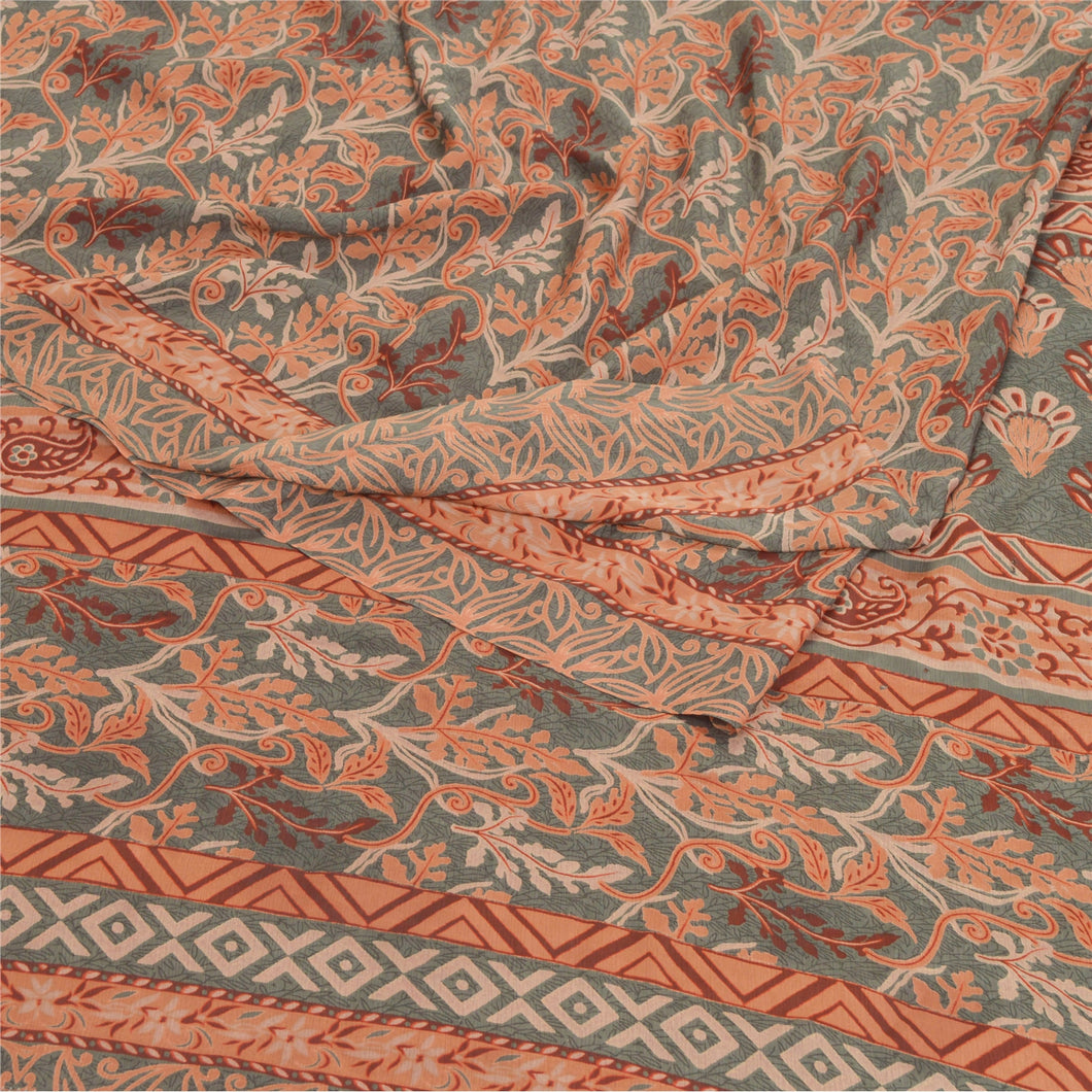 Sanskriti Vintage Peach Indian Sarees Moss Crepe Printed Sari Soft Craft Fabric