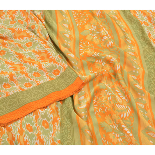 Sanskriti Vintage Orange Indian Sarees Moss Crepe Printed Sari 5YD Craft Sustainable Fabric