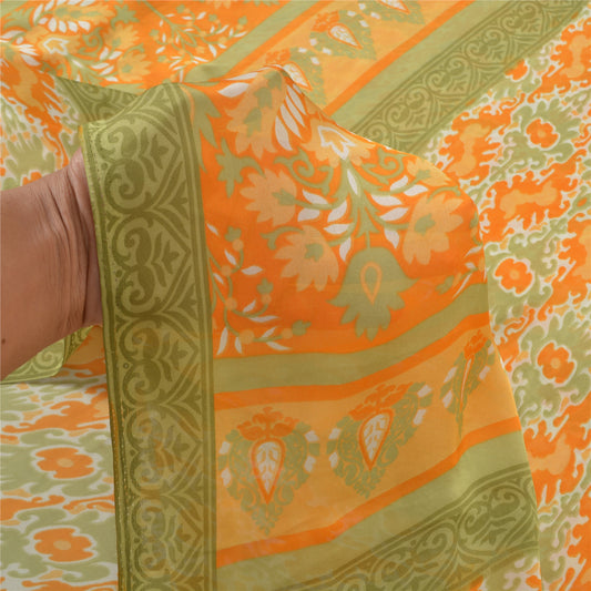 Sanskriti Vintage Orange Indian Sarees Moss Crepe Printed Sari 5YD Craft Sustainable Fabric
