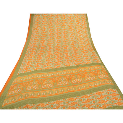Sanskriti Vintage Orange Indian Sarees Moss Crepe Printed Sari 5YD Craft Sustainable Fabric
