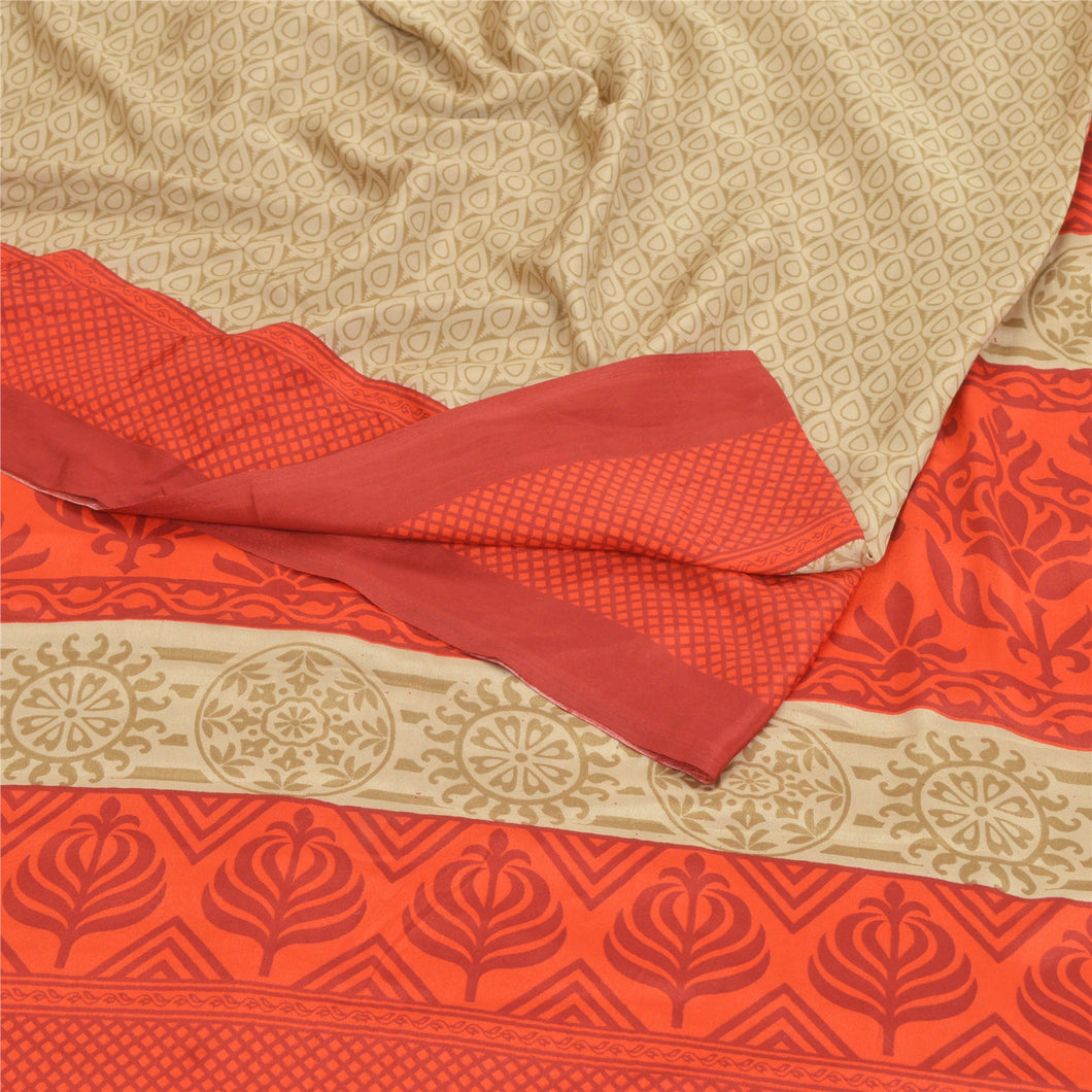 Sanskriti Vintage Beige Indian Sarees Moss Crepe Printed Sari Soft Craft Fabric