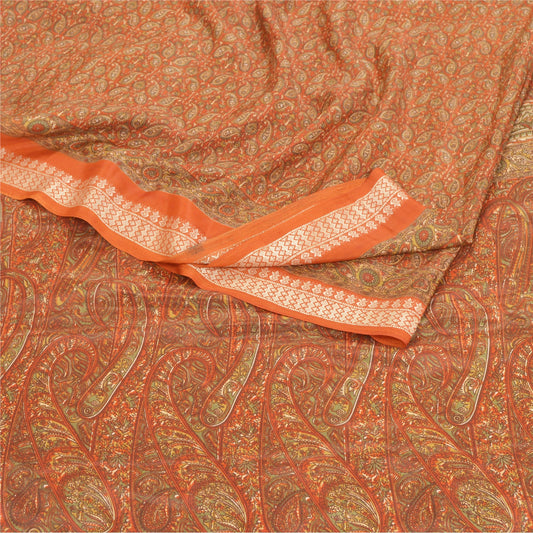 Sanskriti Vintage Rusty Orange Sarees Moss Crepe Printed Sari 5YD Craft Sustainable Fabric