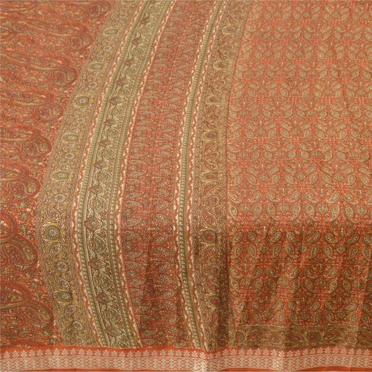 Sanskriti Vintage Rusty Orange Sarees Moss Crepe Printed Sari 5YD Craft Sustainable Fabric