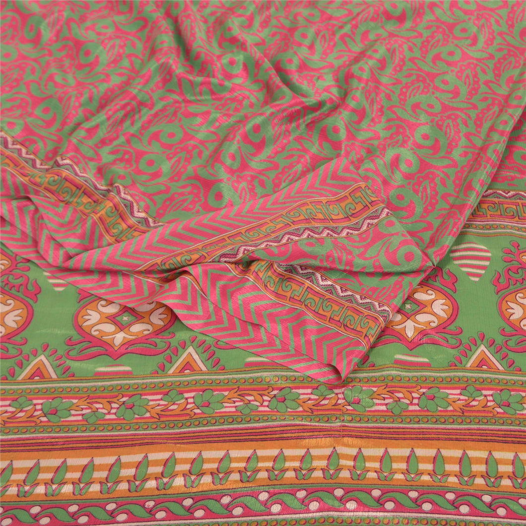 Sanskriti Vintage Red Indian Sarees Moss Crepe Printed Floral Sari 5YD Fabric