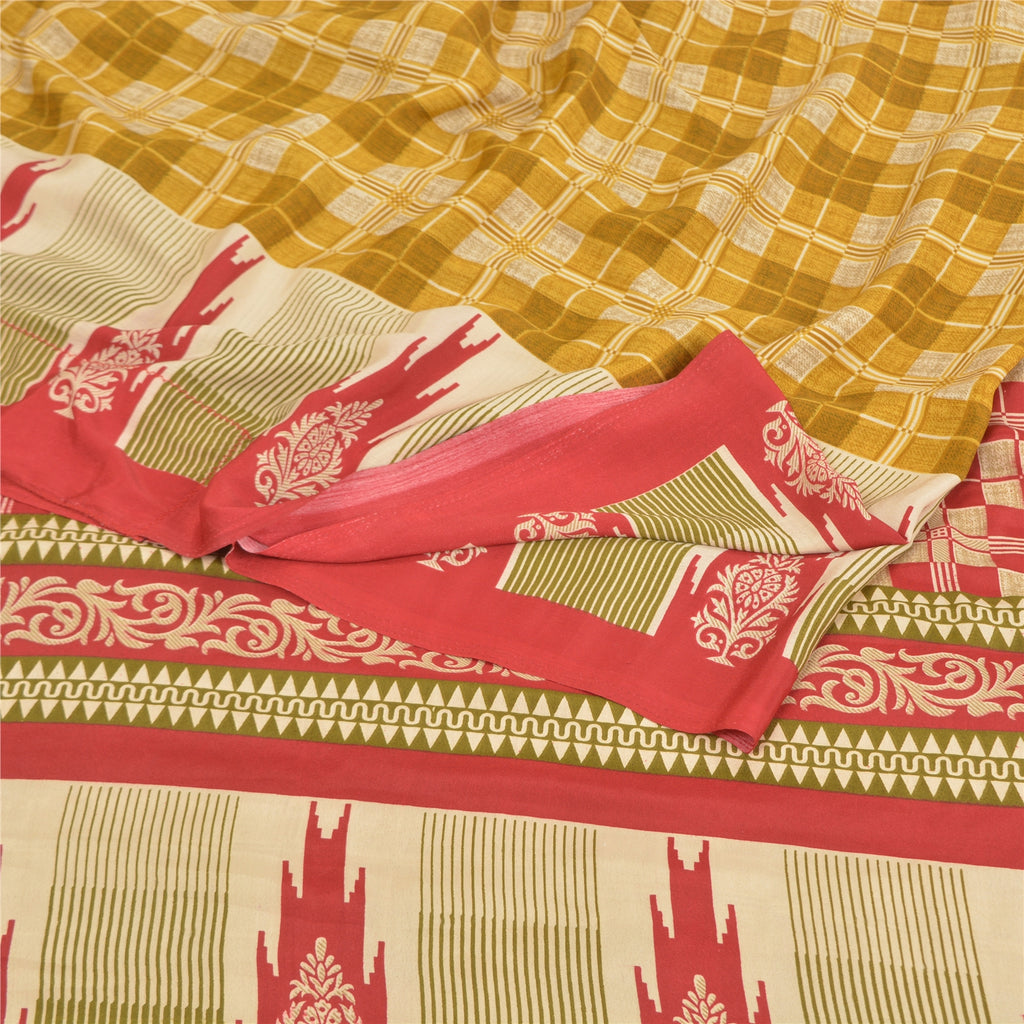 Sanskriti Vintage Mustard Green Sarees Moss Crepe Printed Sari 5YD Craft Sustainable Fabric