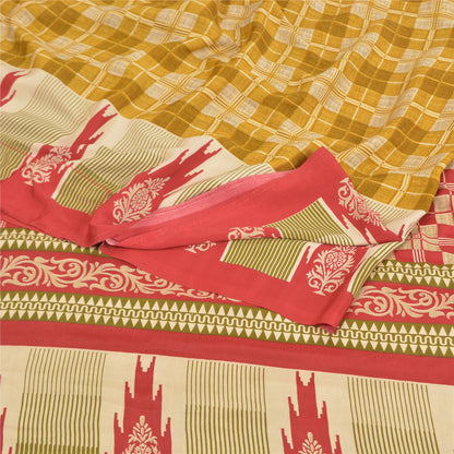 Sanskriti Vintage Mustard Green Sarees Moss Crepe Printed Sari 5YD Craft Sustainable Fabric