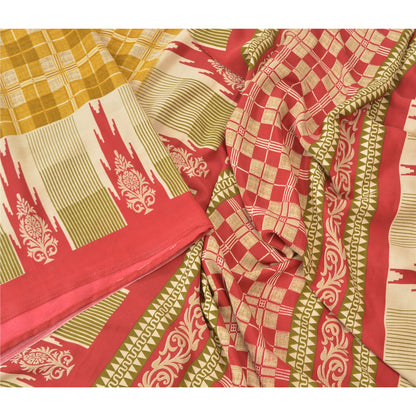 Sanskriti Vintage Mustard Green Sarees Moss Crepe Printed Sari 5YD Craft Sustainable Fabric