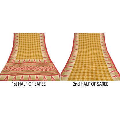 Sanskriti Vintage Mustard Green Sarees Moss Crepe Printed Sari 5YD Craft Sustainable Fabric