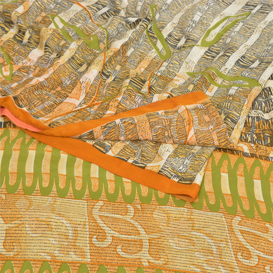 Sanskriti Vintage Black Sarees Moss Crepe Printed Sari 5YD Soft Craft Sustainable Fabric