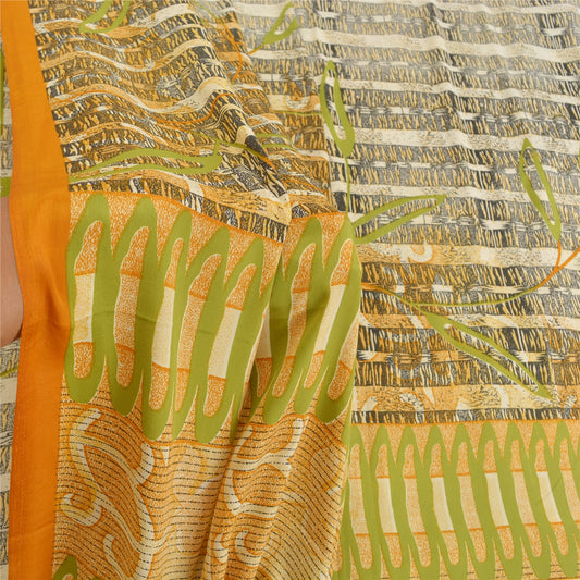 Sanskriti Vintage Black Sarees Moss Crepe Printed Sari 5YD Soft Craft Sustainable Fabric