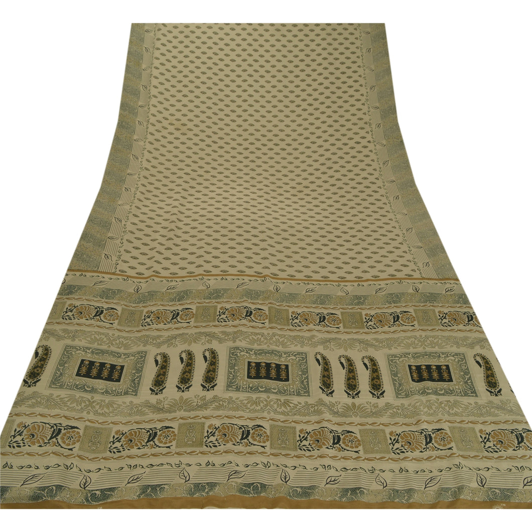Sanskriti Vintage Cream Sarees Moss Crepe Printed Sari Decor 5 Yard Craft Fabric