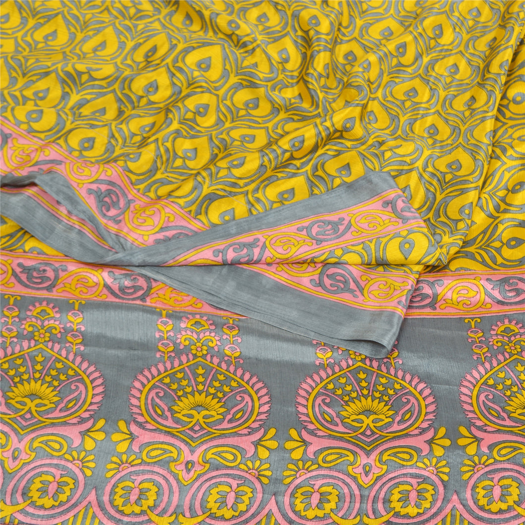 Sanskriti Vintage Yellow Sarees Moss Crepe Floral Printed Sari Soft Craft Fabric