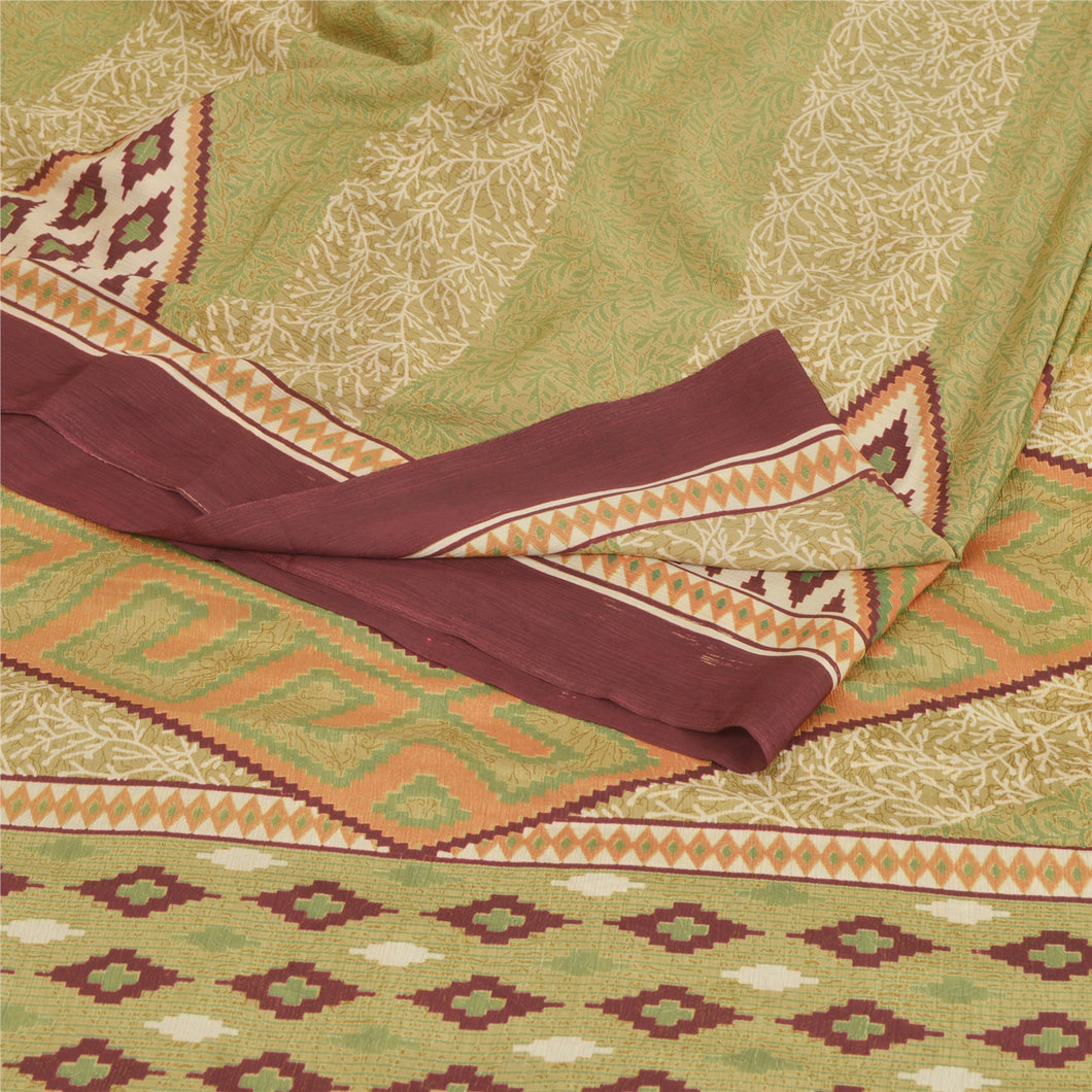 Sanskriti Vintage Green Sarees Moss Crepe Printed Sari Decor Floral Craft Fabric