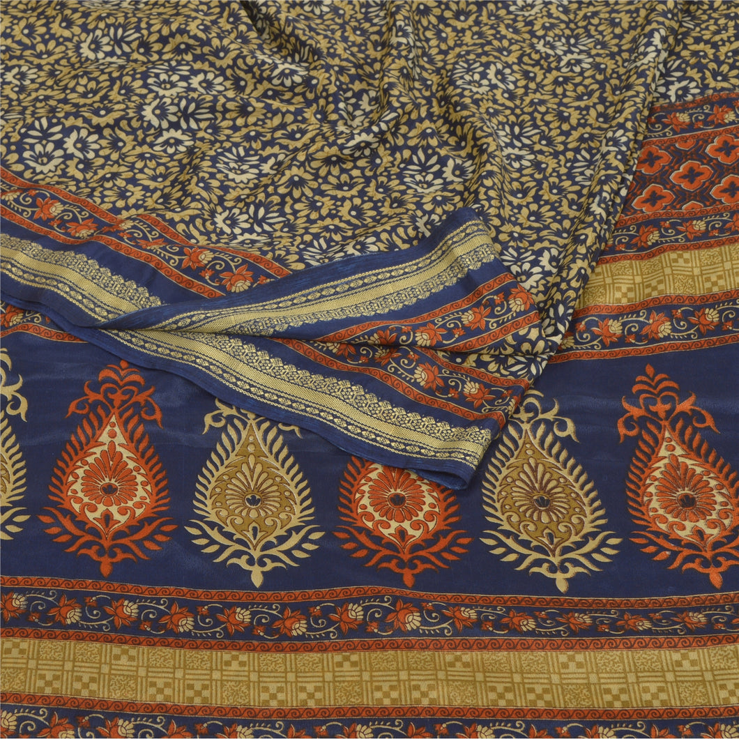 Sanskriti Vintage Blue Sarees Moss Crepe Printed Sari Floral 5yd Craft Fabric