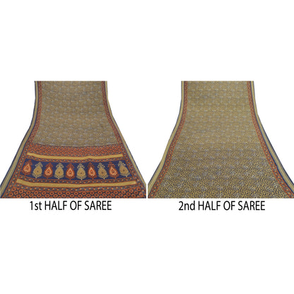 Sanskriti Vintage Blue Sarees Moss Crepe Printed Sari Floral 5yd Craft Sustainable Fabric