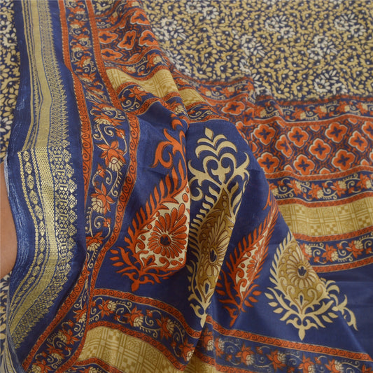 Sanskriti Vintage Blue Sarees Moss Crepe Printed Sari Floral 5yd Craft Sustainable Fabric