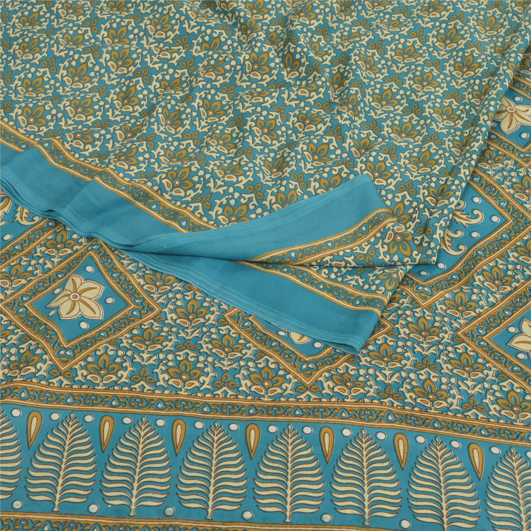 Sanskriti Vintage Indian Blue Sarees Moss Crepe Printed Sari Decor Craft Fabric