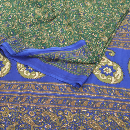 Sanskriti Vintage Indian Green Sarees Moss Crepe Printed Sari Sewing 5YD Sustainable Fabric