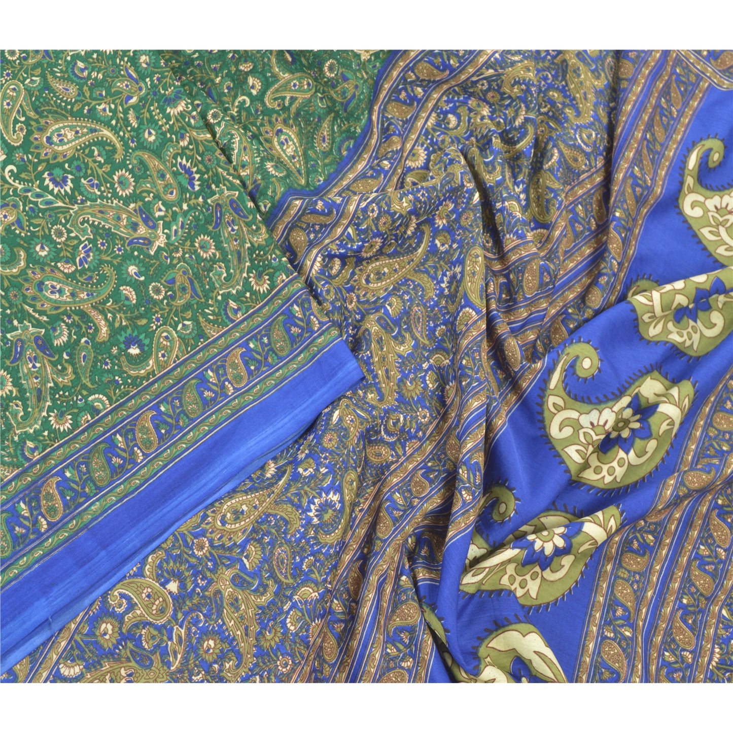 Sanskriti Vintage Indian Green Sarees Moss Crepe Printed Sari Sewing 5YD Sustainable Fabric