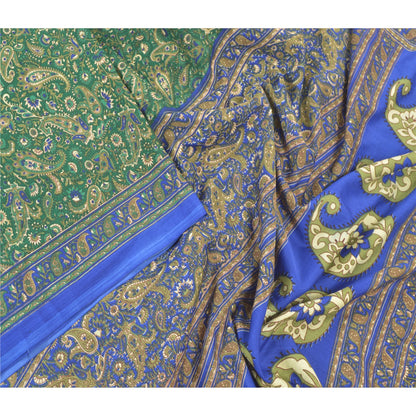 Sanskriti Vintage Indian Green Sarees Moss Crepe Printed Sari Sewing 5YD Sustainable Fabric