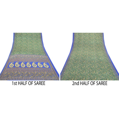 Sanskriti Vintage Indian Green Sarees Moss Crepe Printed Sari Sewing 5YD Sustainable Fabric