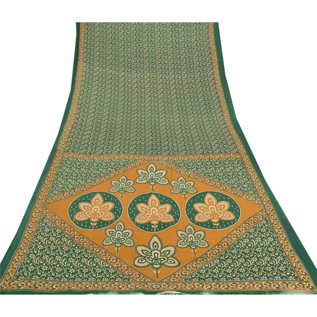 Sanskriti Vintage Green Sarees Moss Crepe Floral Printed Sari 5YD Craft Fabric