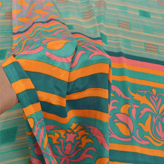 Sanskriti Vintage Green Sarees Moss Crepe Floral Printed Sari 5YD Craft Sustainable Fabric