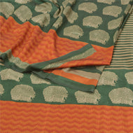 Sanskriti Vintage Green Indian Sarees Moss Crepe Printed Sari Soft Craft Fabric