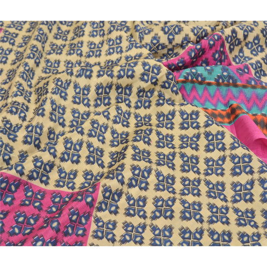Sanskriti Vintage Creme Indiske Sarier Mos Crepe Trykt Sari Blødt Håndværksmæssigt Bæredygtigt Stoff