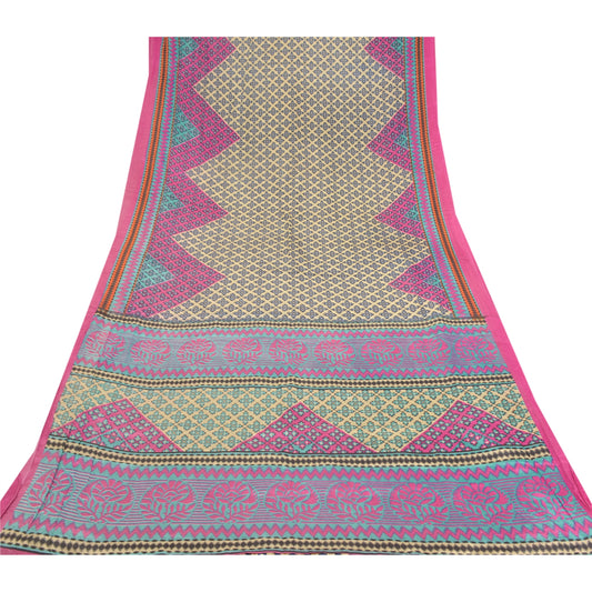 Sanskriti Vintage Creme Indiske Sarier Mos Crepe Trykt Sari Blødt Håndværksmæssigt Bæredygtigt Stoff