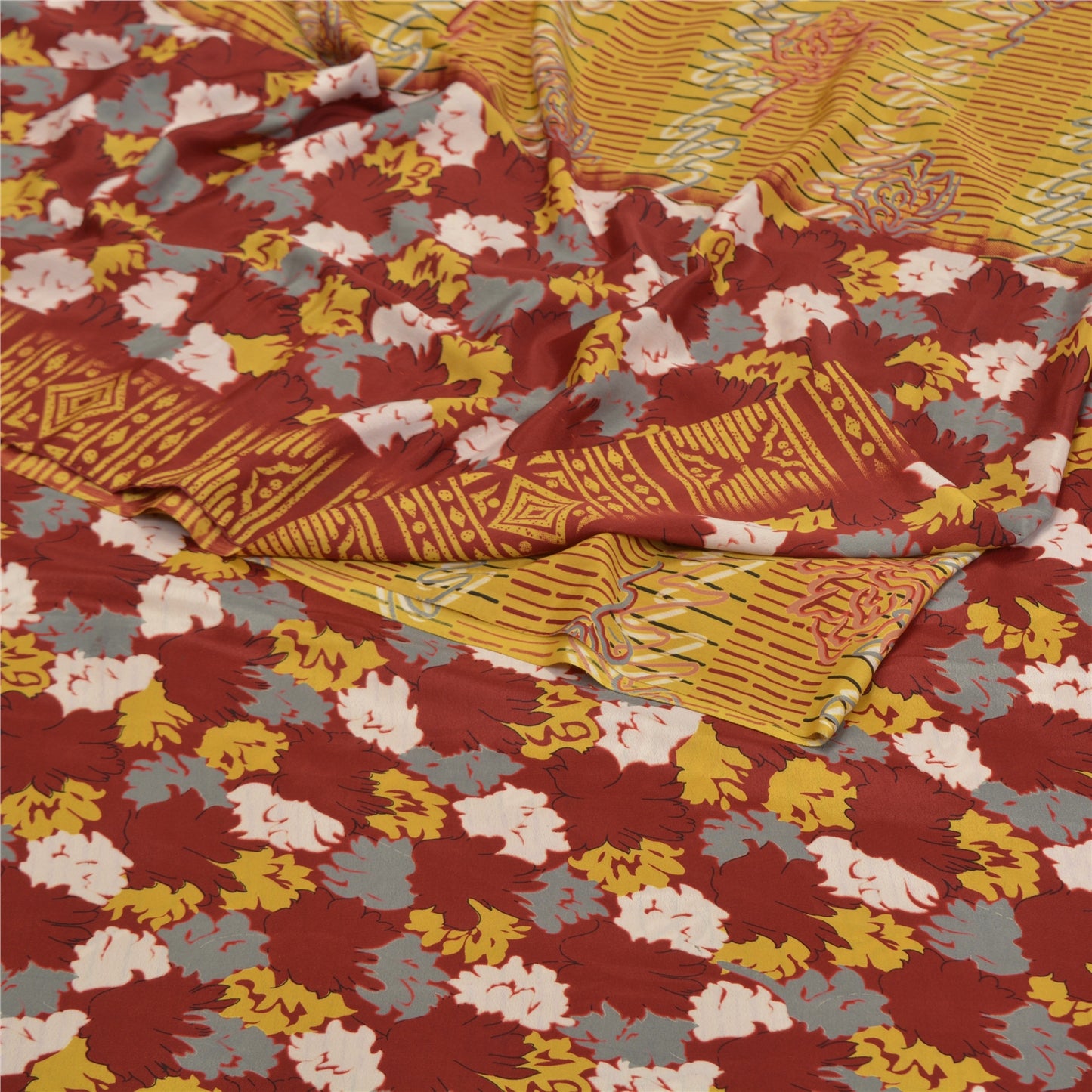 Sanskriti Vintage Mustard Sarees Moss Crepe Floral Printed Craft Sustainable Fabric Sari