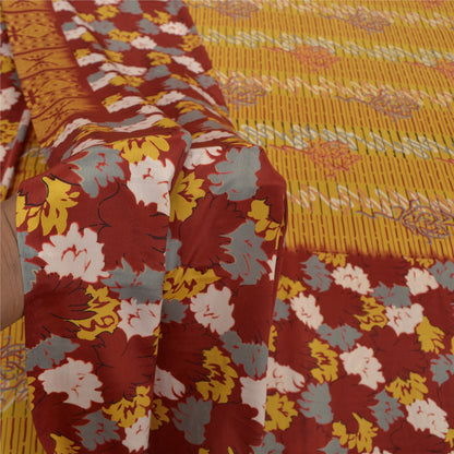 Sanskriti Vintage Mustard Sarees Moss Crepe Floral Printed Craft Sustainable Fabric Sari