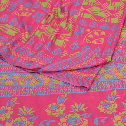 Sanskriti Vintage Pink Sarees Moss Crepe Floral Printed Craft Sustainable Fabric 5 Yard Sari