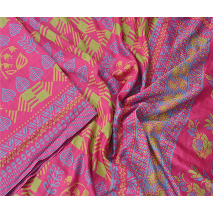 Sanskriti Vintage Pink Sarees Moss Crepe Floral Printed Craft Sustainable Fabric 5 Yard Sari