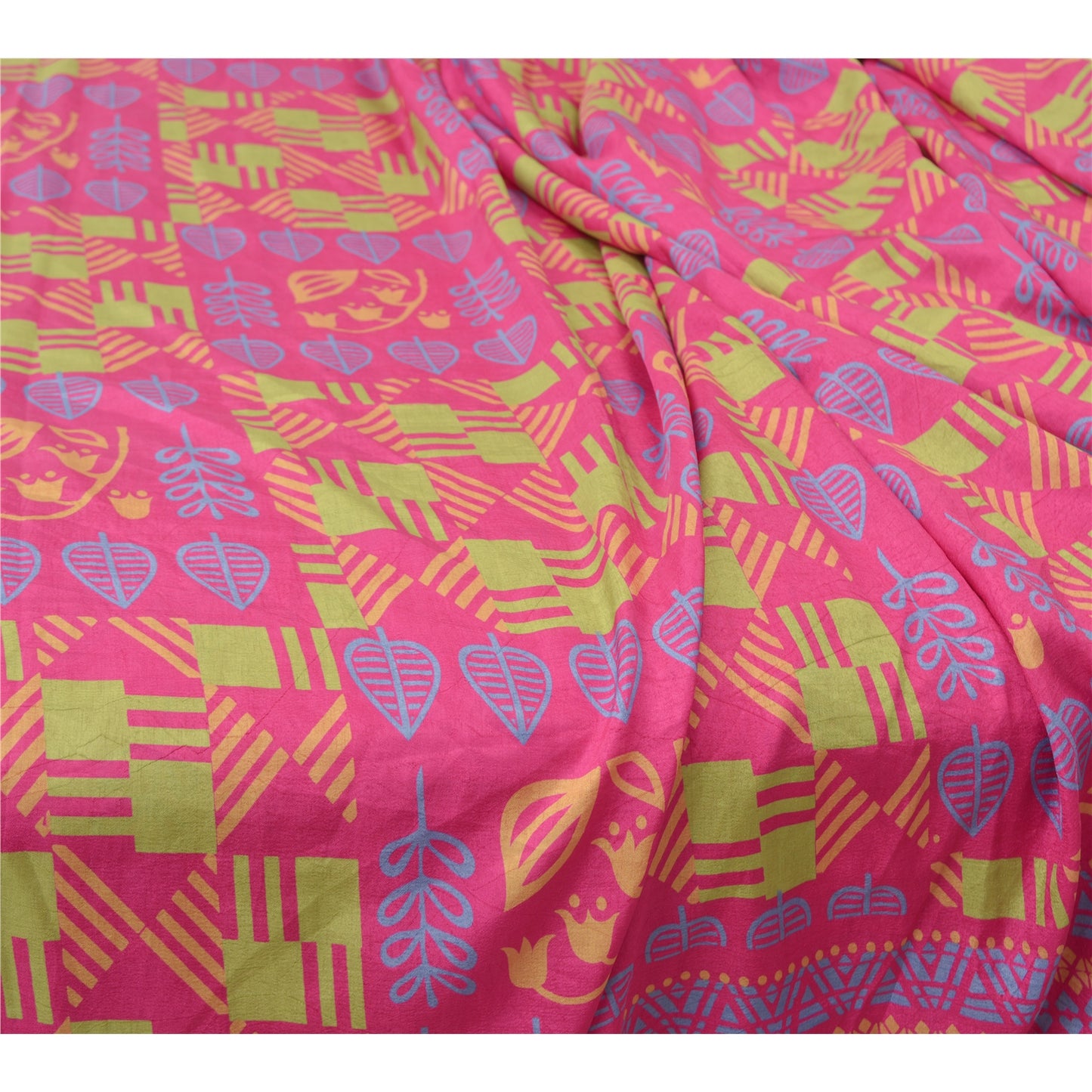 Sanskriti Vintage Pink Sarees Moss Crepe Floral Printed Craft Sustainable Fabric 5 Yard Sari