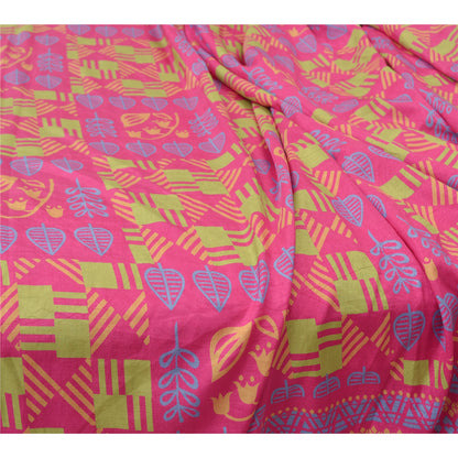 Sanskriti Vintage Pink Sarees Moss Crepe Floral Printed Craft Sustainable Fabric 5 Yard Sari