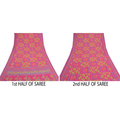 Sanskriti Vintage Pink Sarees Moss Crepe Floral Printed Craft Sustainable Fabric 5 Yard Sari