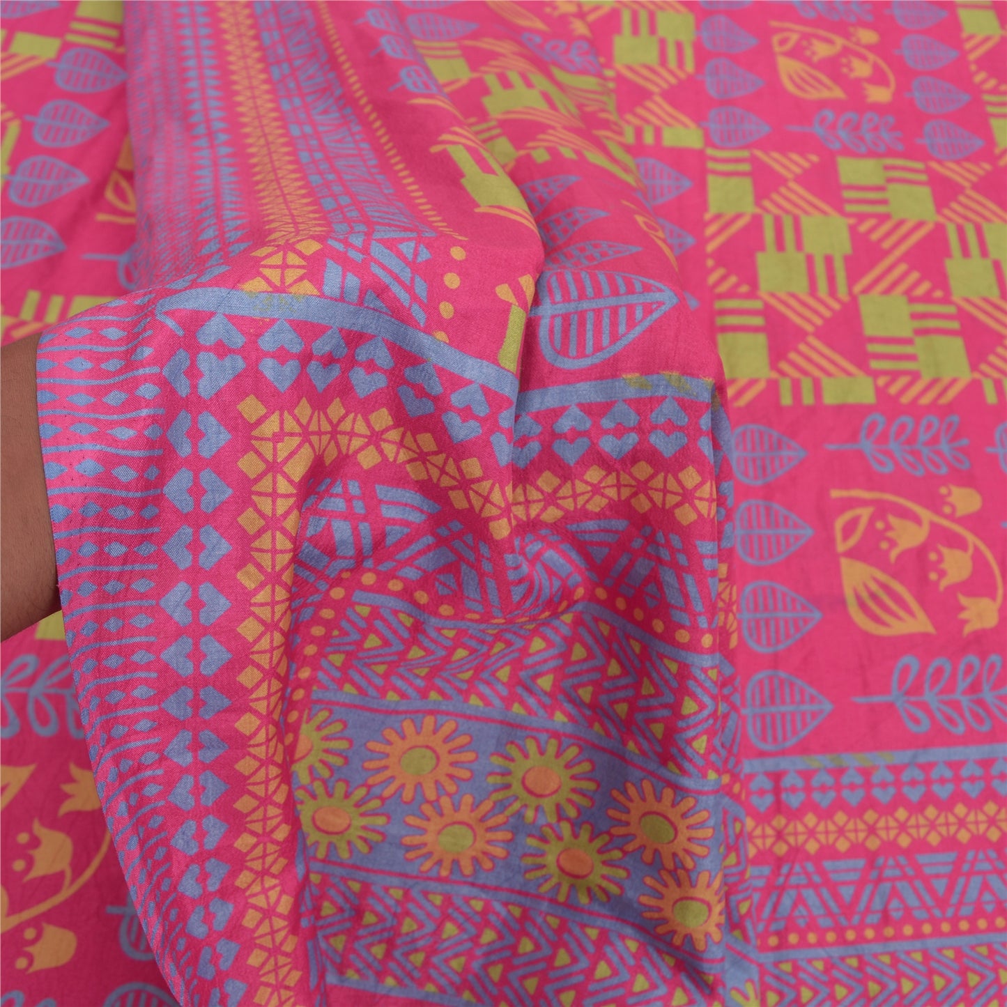 Sanskriti Vintage Pink Sarees Moss Crepe Floral Printed Craft Sustainable Fabric 5 Yard Sari