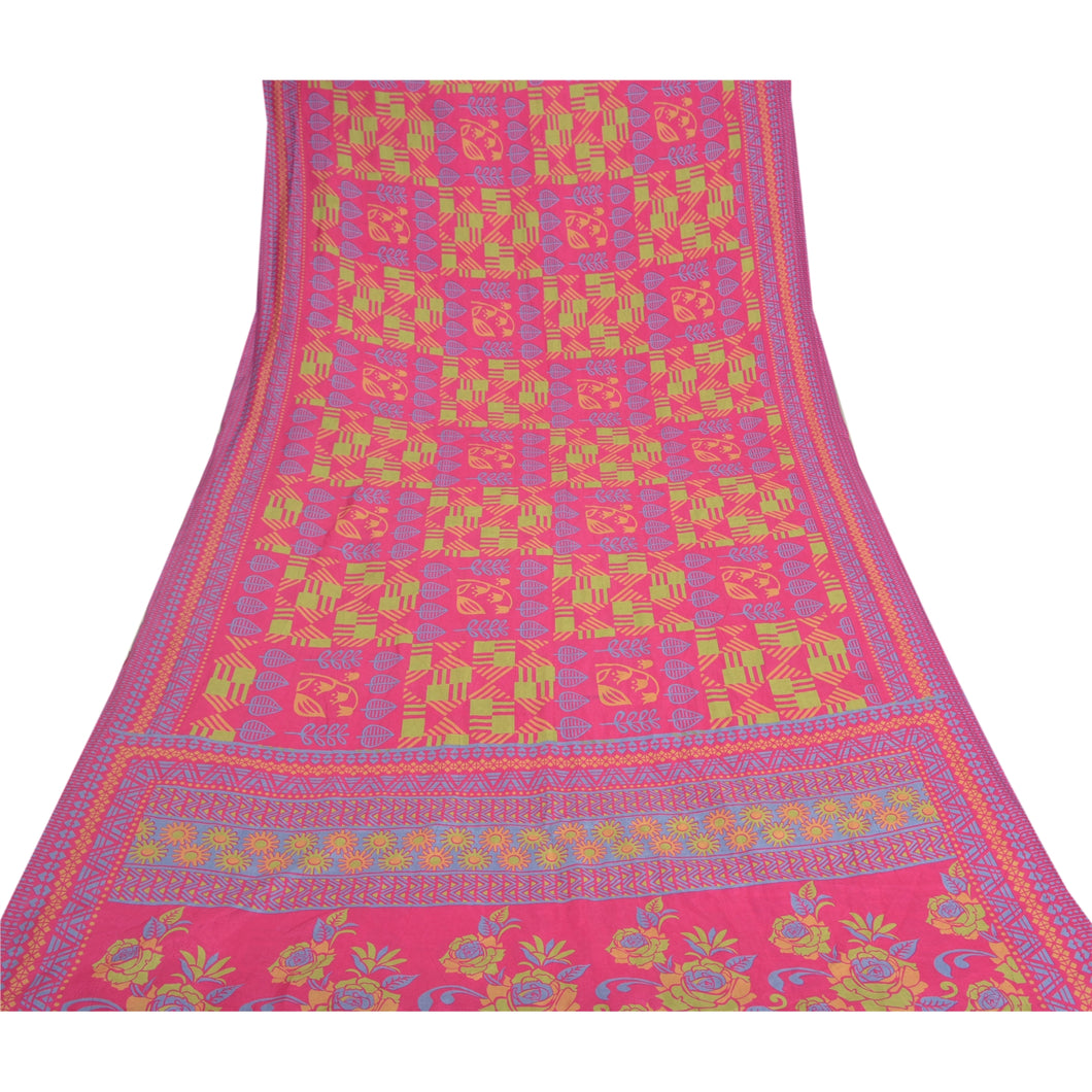 Sanskriti Vintage Pink Sarees Moss Crepe Floral Printed Craft Fabric 5 Yard Sari