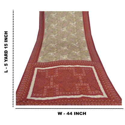 Sanskriti Vintage Pale Cream Saree Moss Crepe Floral Printed Craft Sustainable Fabric Sari