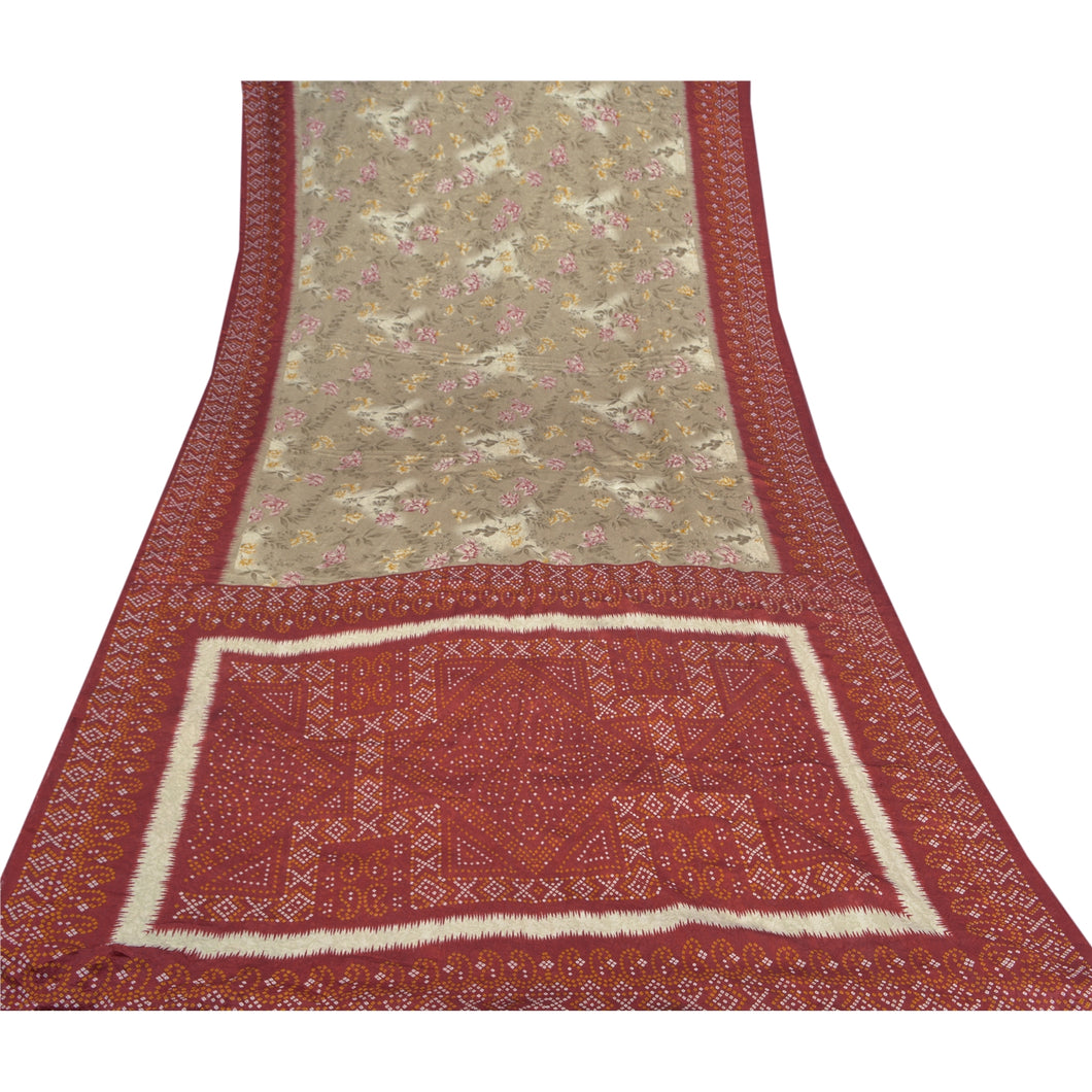 Sanskriti Vintage Pale Cream Saree Moss Crepe Floral Printed Craft Fabric Sari