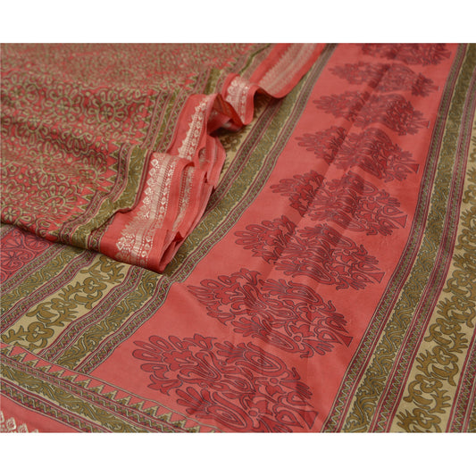Sanskriti Vintage Koral Sarier Mos Crepe Blomsterprint Håndværksmæssigt Bæredygtigt Stoff Sari