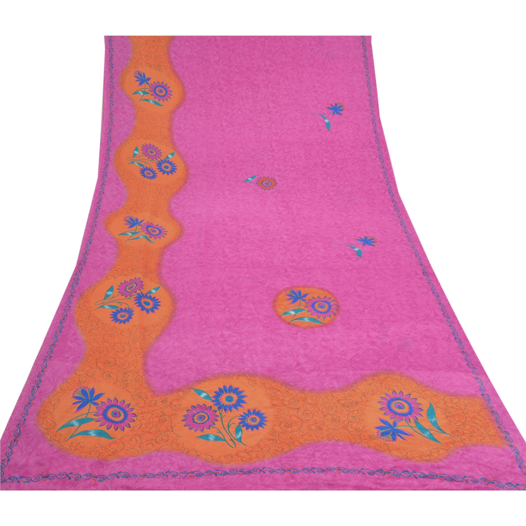 Sanskriti Vintage Pink Sarees Moss Crepe Floral Printed Craft Fabric Sari