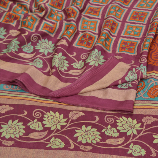 Sanskriti Vintage Lilla Sarier Mos Crepe Blomsterprint Håndværksmæssigt Bæredygtigt Stoff Sari