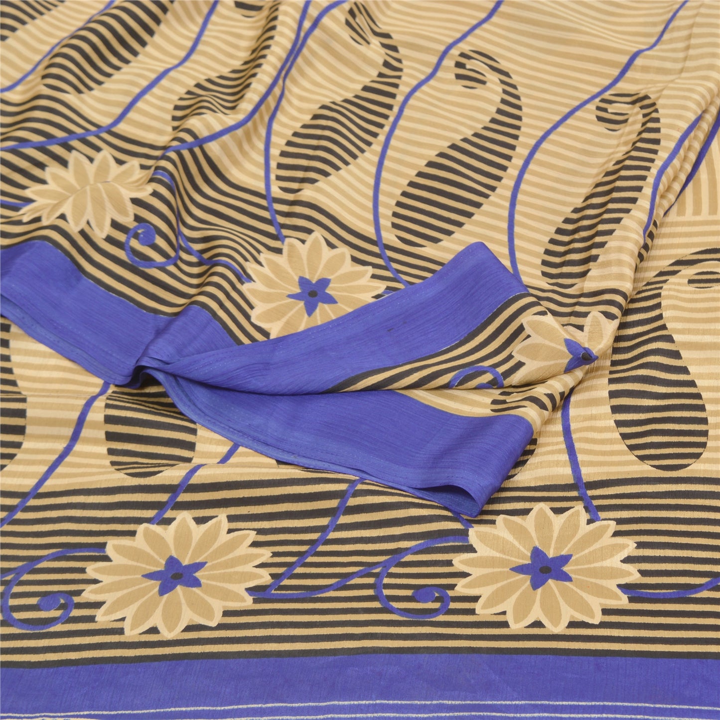 Sanskriti Vintage Fawn Sarees Moss Crepe Floral Printed Craft Sustainable Fabric Sari