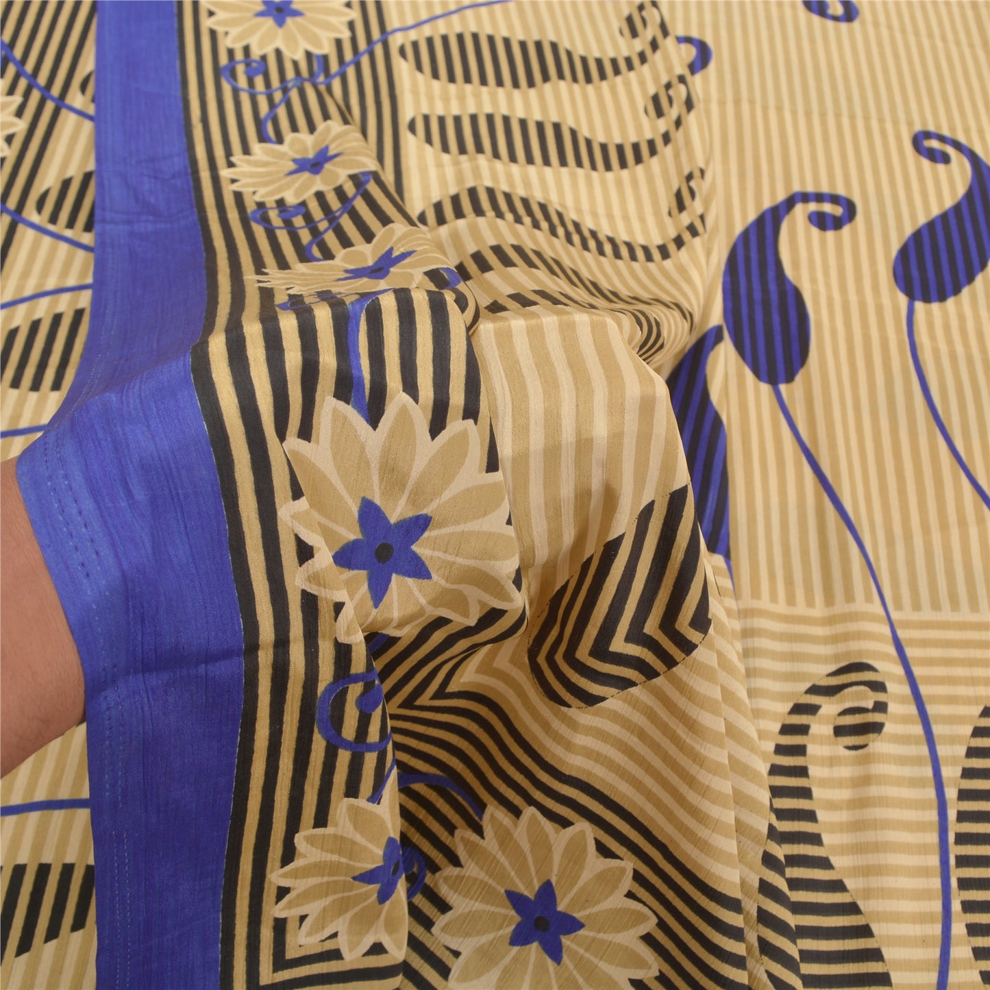 Sanskriti Vintage Fawn Sarees Moss Crepe Floral Printed Craft Sustainable Fabric Sari