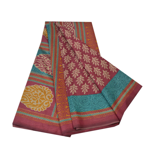 Sanskriti Vintage Dark Red Sarees Moss Crepe Floral Printed Craft Sustainable Fabric Sari