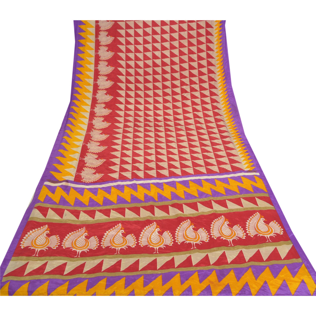 Sanskriti Vintage Red Sarees Moss Crepe Printed Craft Fabric 5 Yard Sari