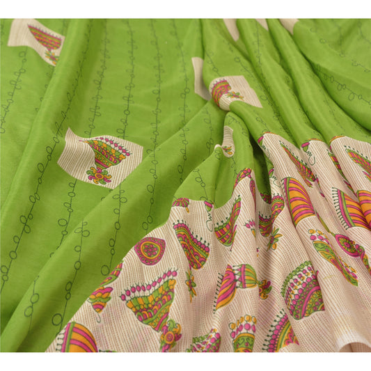 Sanskriti Vintage Grøn Sarees Mos Crepe Jhumka Trykt Håndværk Bæredygtigt Stof Sari